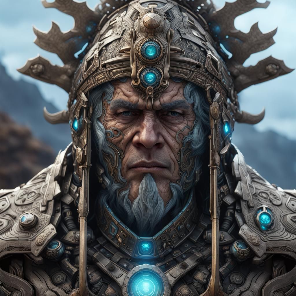 Cloaked Shaman with Oceanic Spirit in Hyperdetailed Ink Art