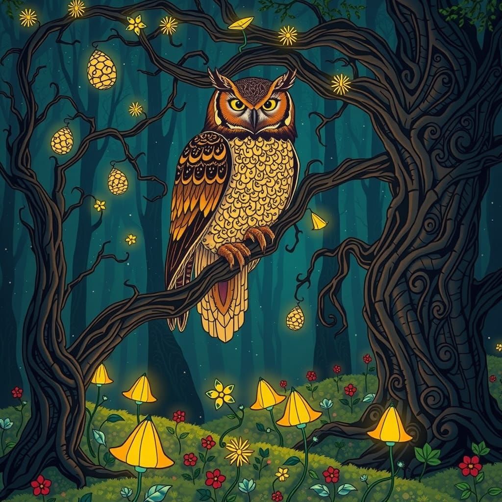 Art Nouveau Owl on Bioluminescent Tree