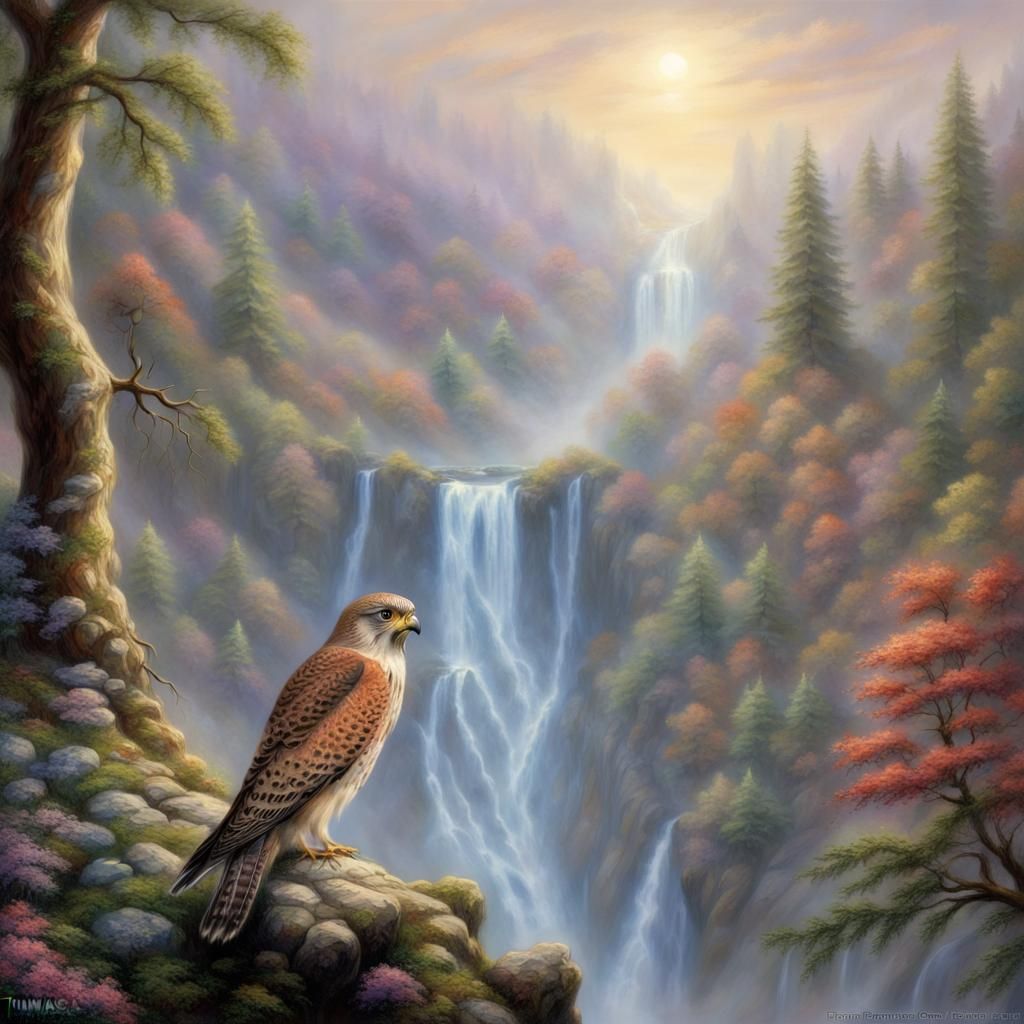 Kestrel in Ethereal Fantasy World with Waterfall