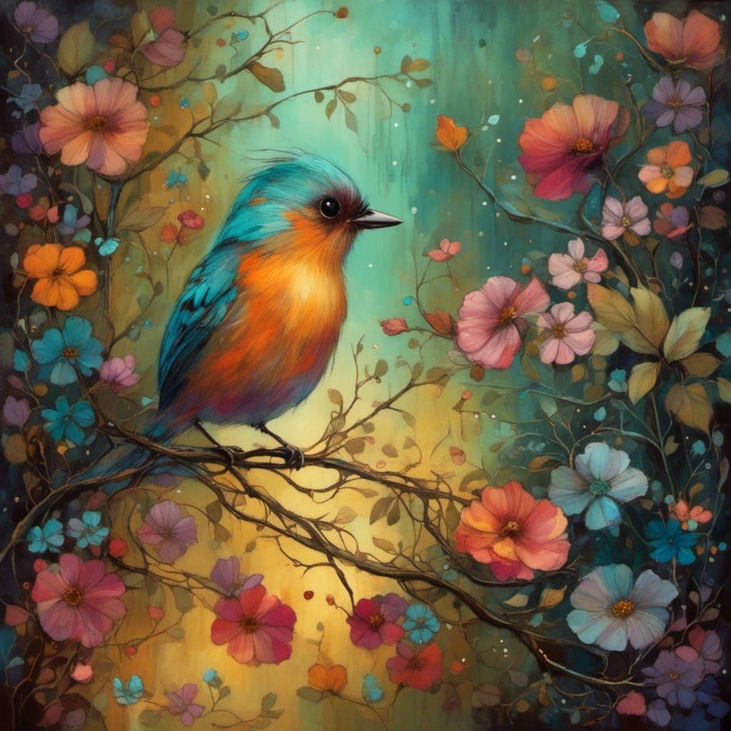 Cute Bird in Enchanted Garden