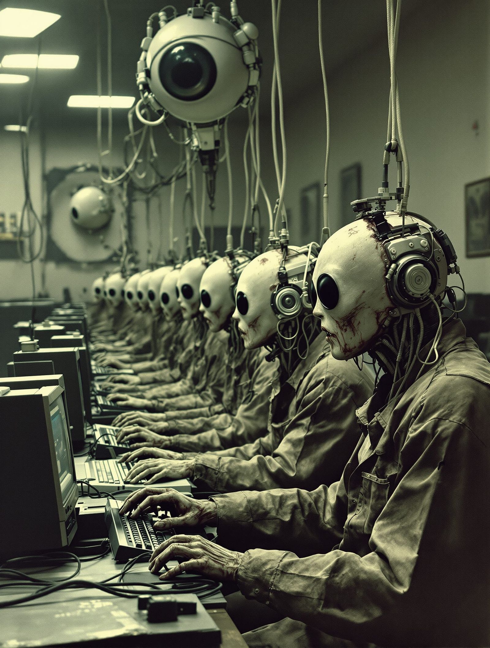 Undead Workers Operate Ancient Computers in Faded 70s Photo