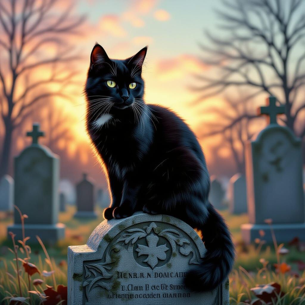 Black Cat in Graveyard Hyperrealistic Digital Art