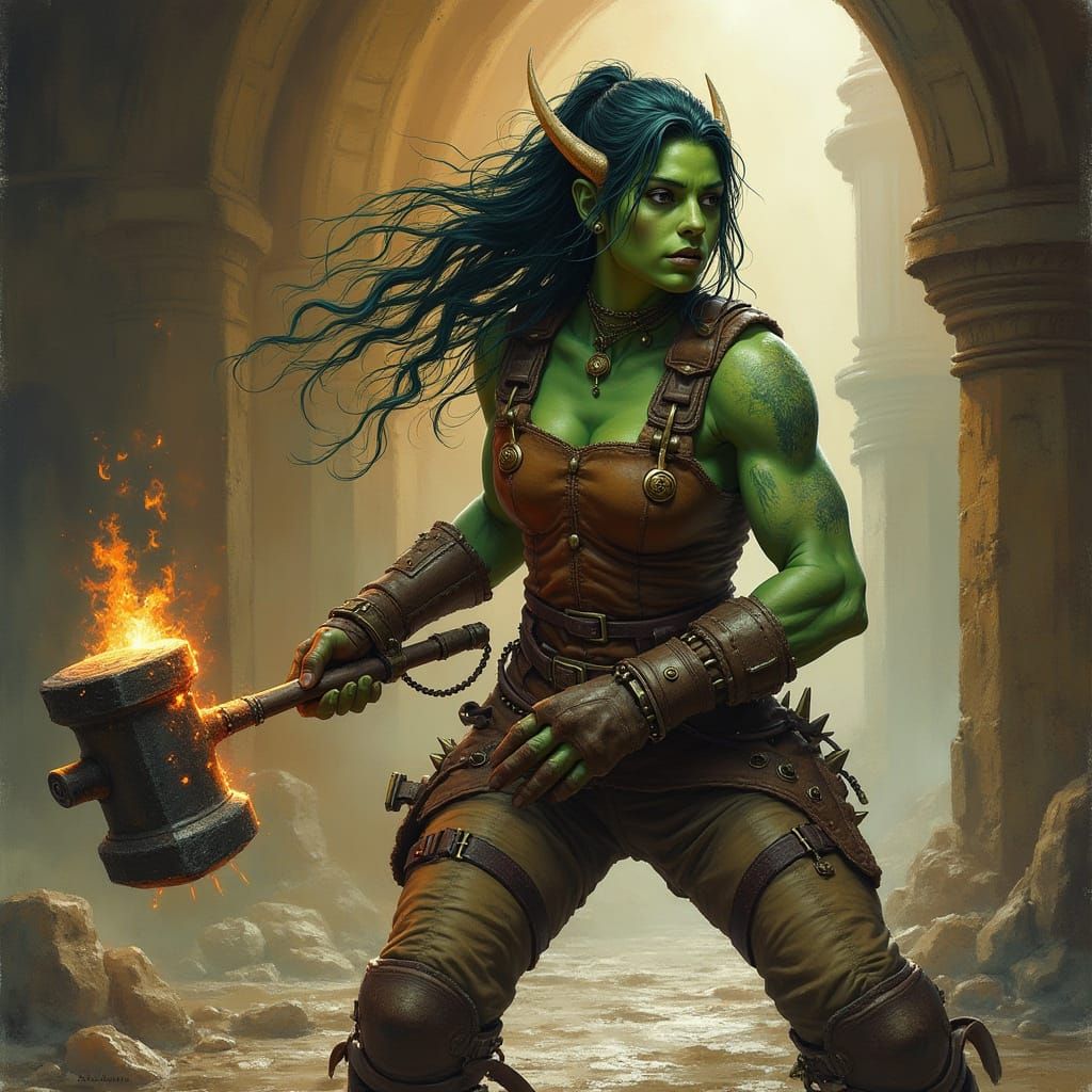 Fiery Hammer: Half-Orc Blacksmith in a Mystical Realm