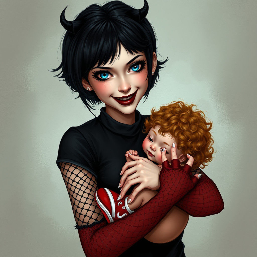 Mystical Vampire Woman Cradles Baby in Dreamy Gothic Art