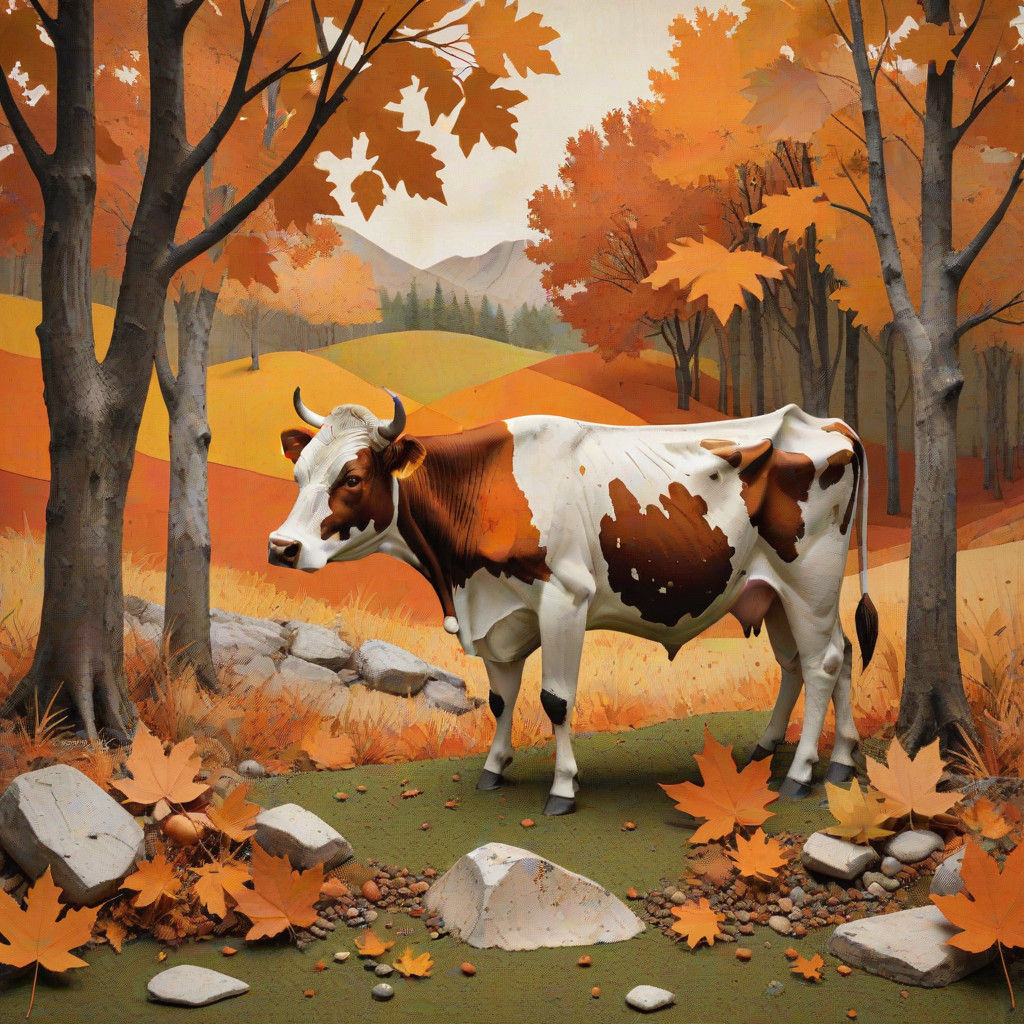 Vibrant Autumn Scene with a Cow and Girl