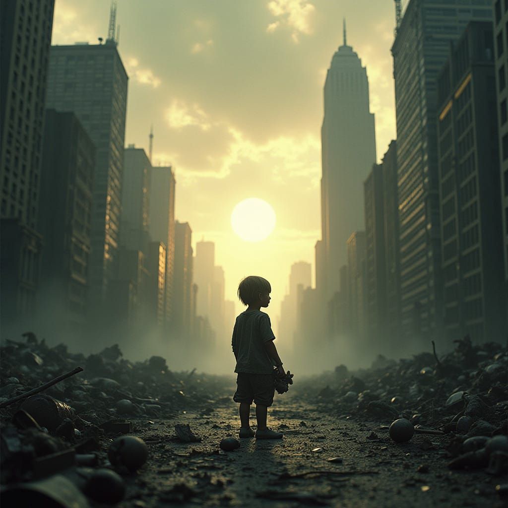 Desolate Cityscape with Last Child and Kitten, Under Toxic H...