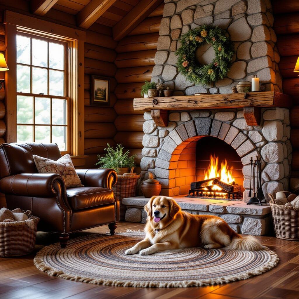 Cozy Cabin Interior with Fireplace and Dog