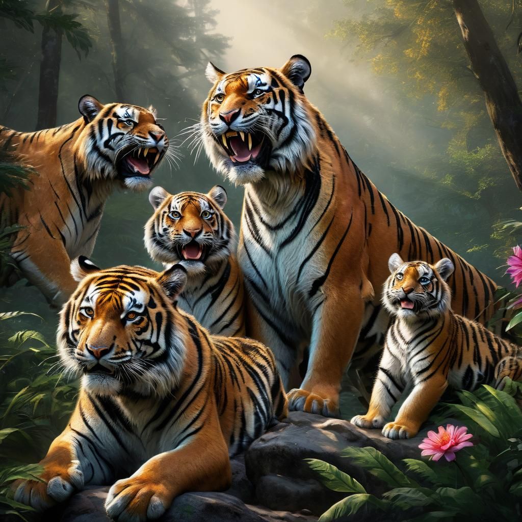 Triumphant Tiger Family in Hyperrealistic Splash Art