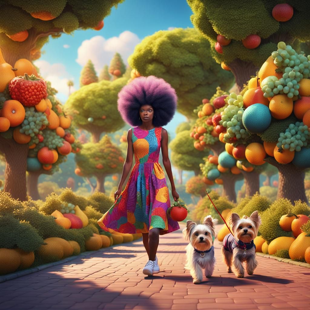 Woman with Afro and Yorkie in Fruity Park