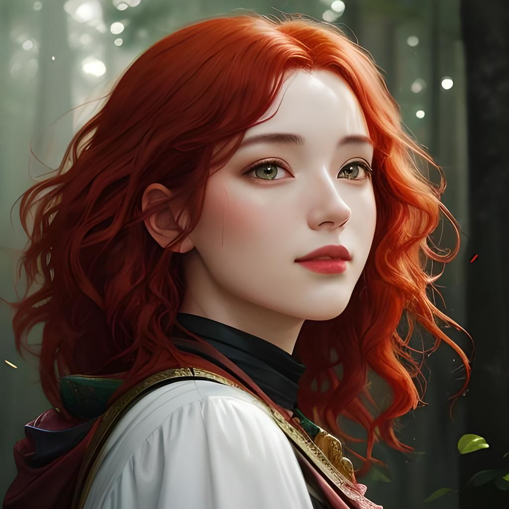 Young Woman with Red Hair in Watercolor Illustration