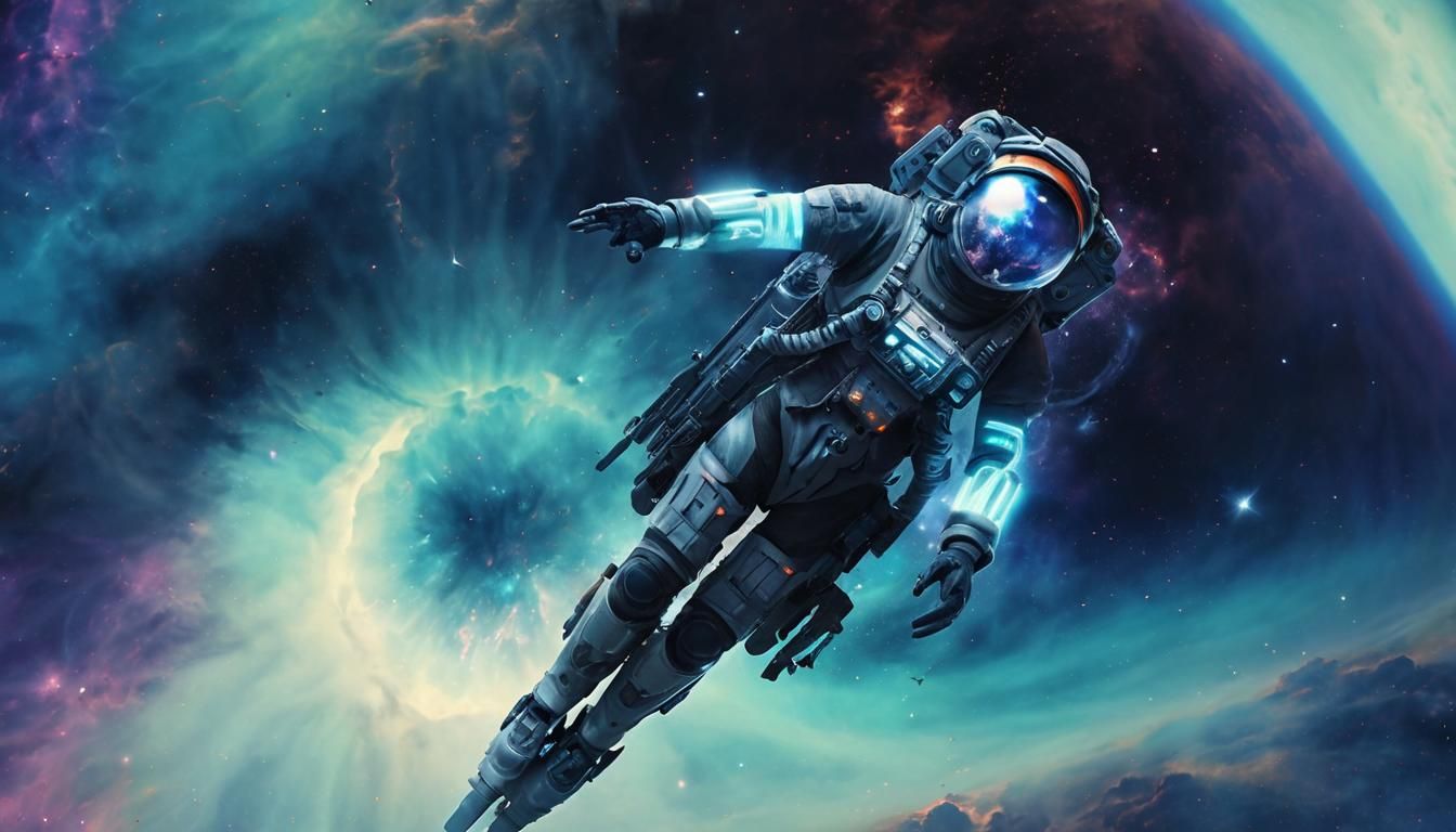 Cyborg Astronaut Flies Through Orion Nebula