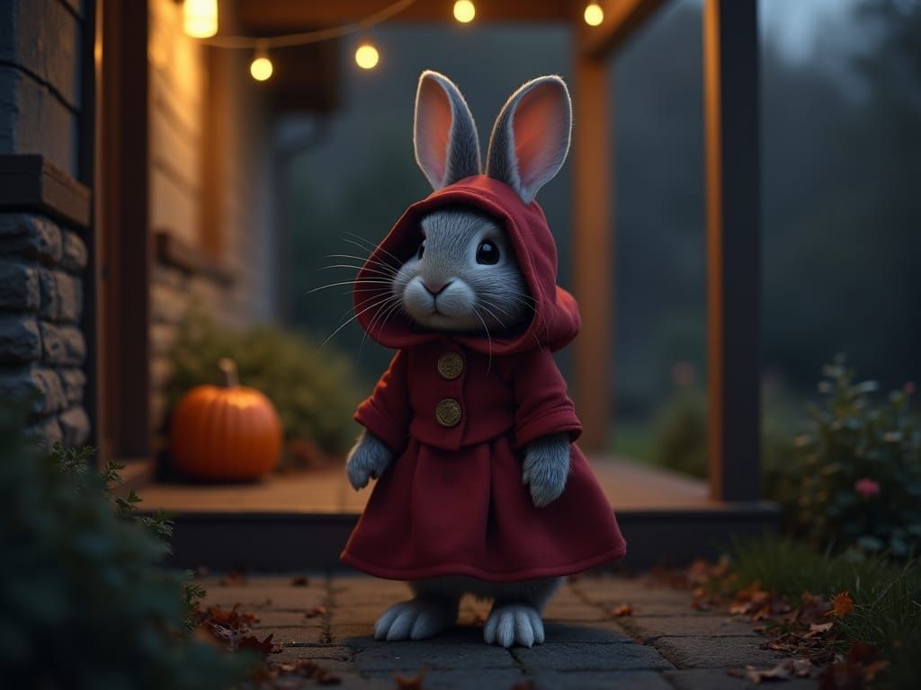 Red Riding Hood Rabbit on Night Porch with Pumpkin