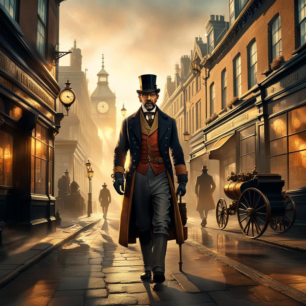 Steampunk Gentleman Walks London Street at Sunrise