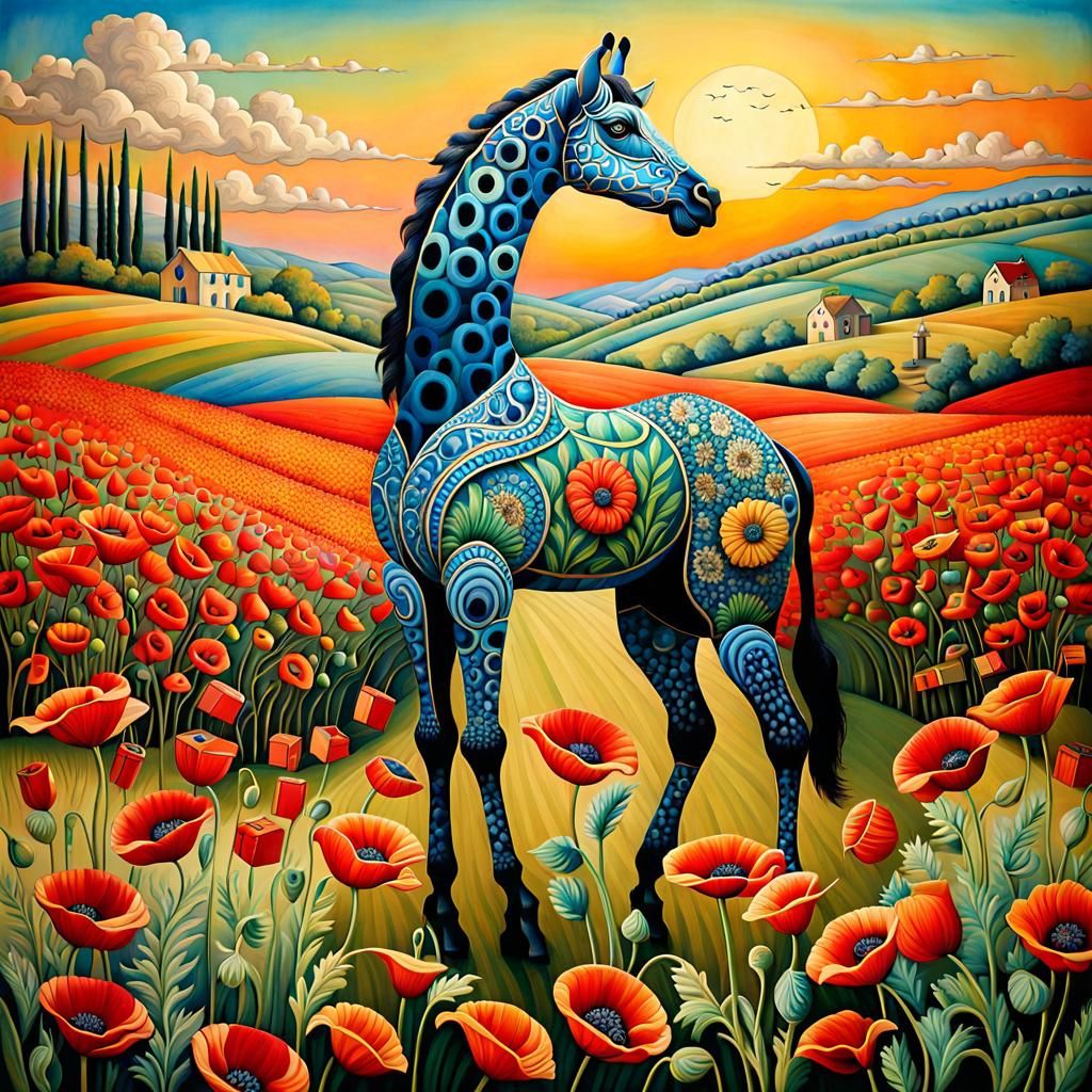 Box Giraffe in Poppy Field, Art Deco Style
