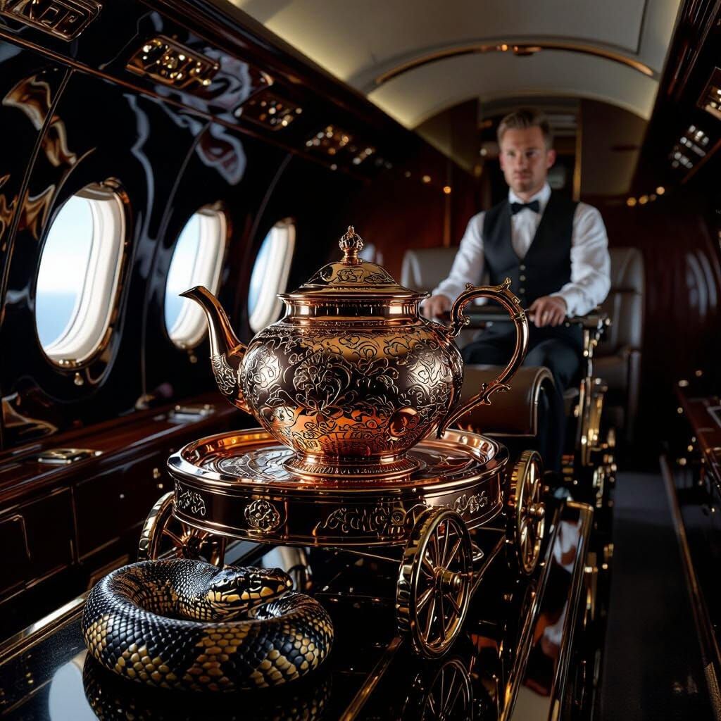 Ornate Teapot Escapes Snake on Plane: Digital Illustration