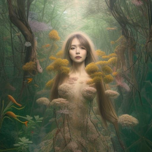 Woman in Mycelium Network: Dynamic Art