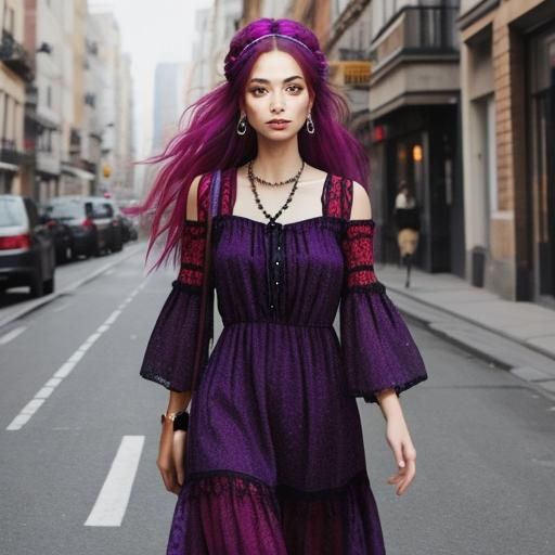 Hippie Girl in Flowing Red Dress