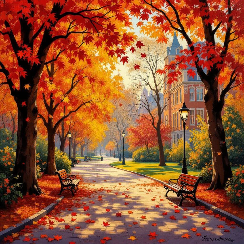 Autumn City Park: Romantic Oil Painting with Falling Leaves