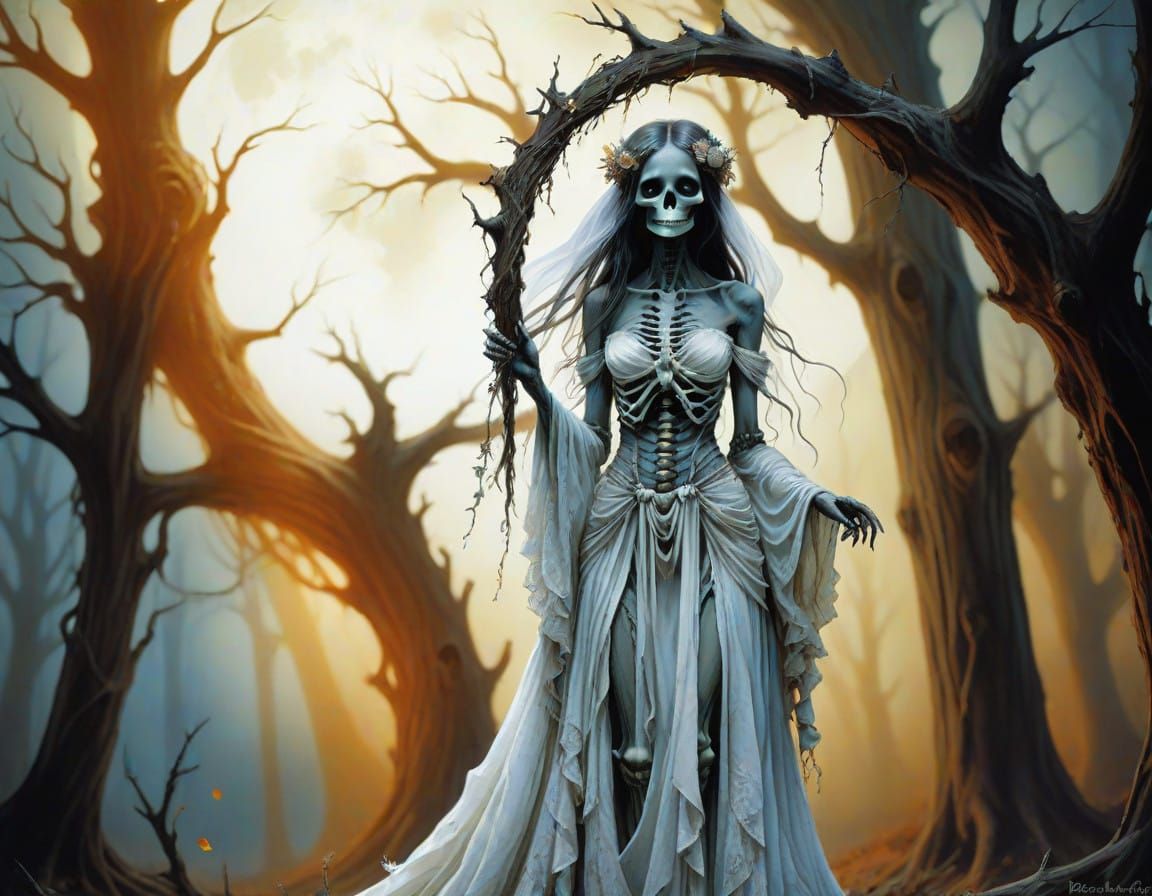 Ethereal Bride in a Haunting, Dark Fantasy Landscape