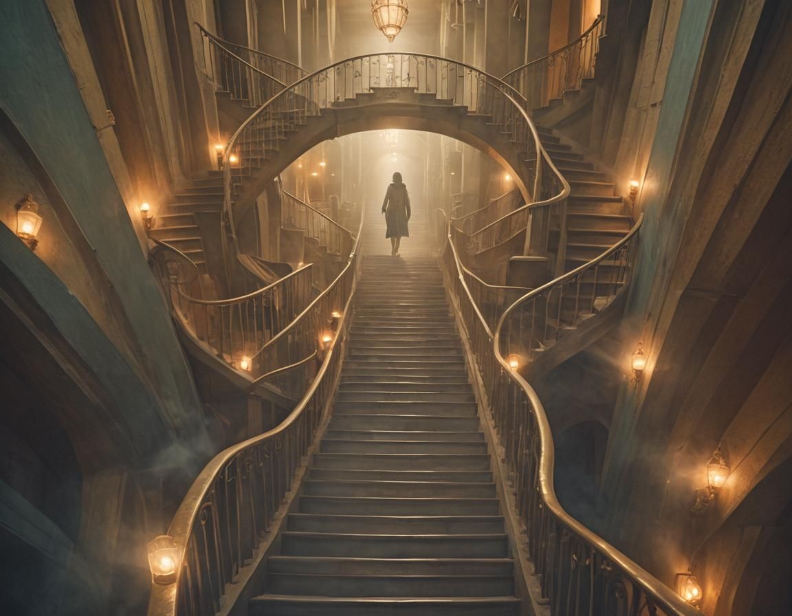 Surreal Dreamscape Portrait with Ethereal Staircases