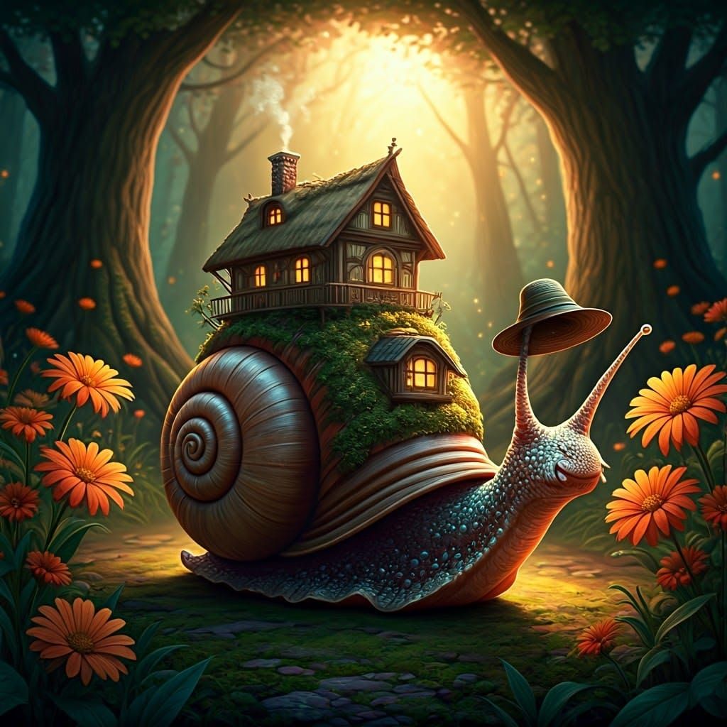 Fantastical Snail Dwelling in a Whimsical Forest
