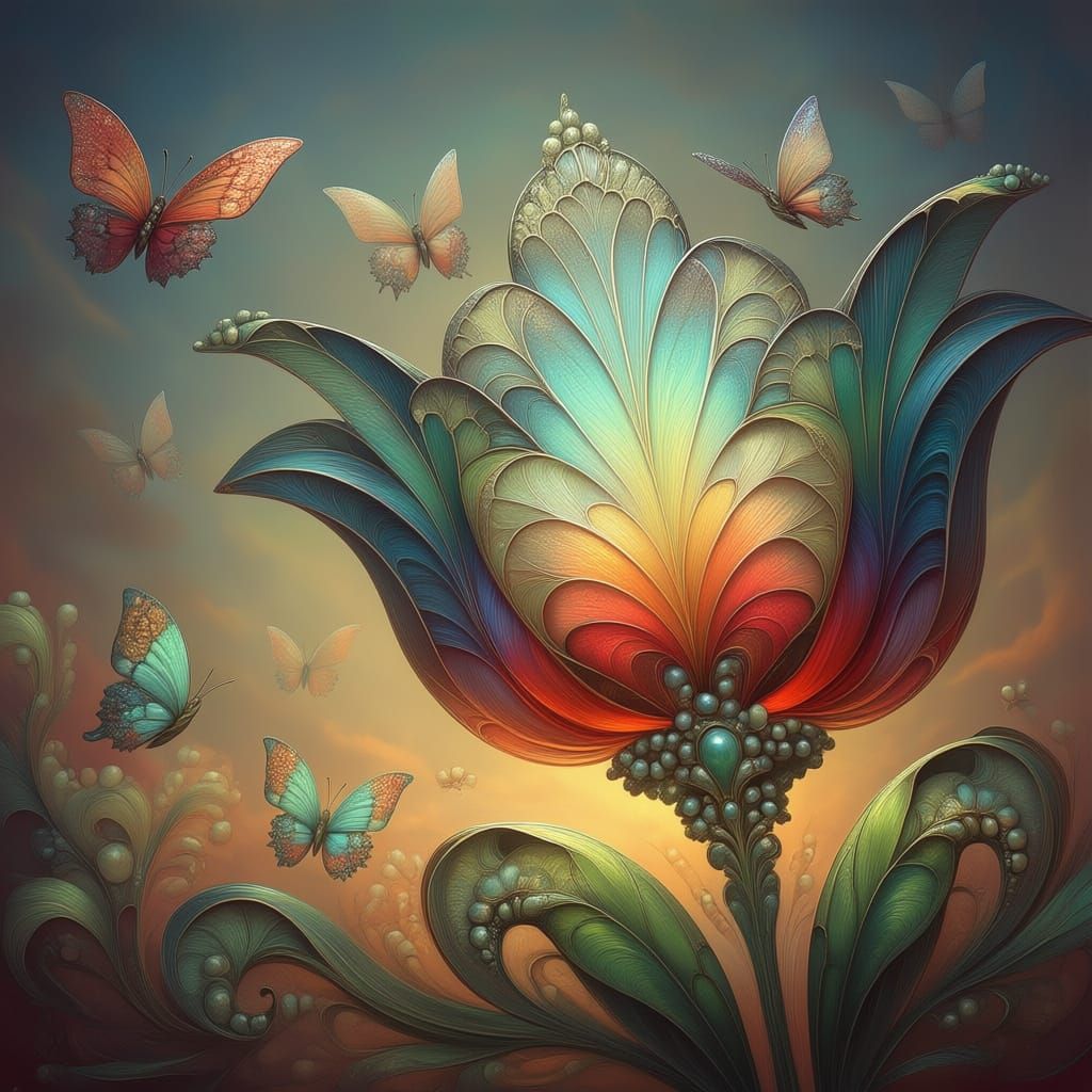 Glass Tulip of Butterfly Wings in Hypermaximalist Style