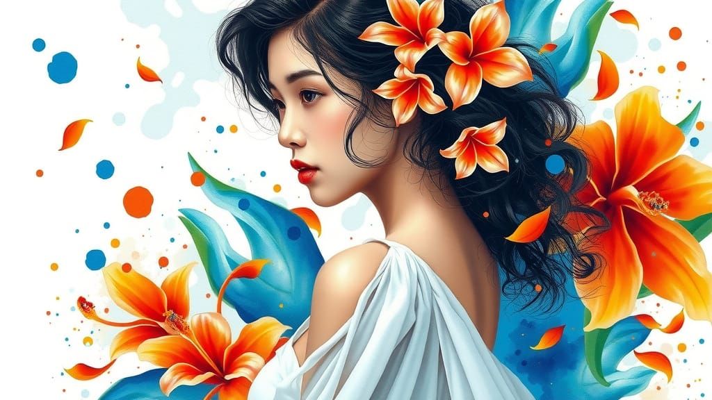 Surreal Floral Portrait in Watercolor Hyperrealism