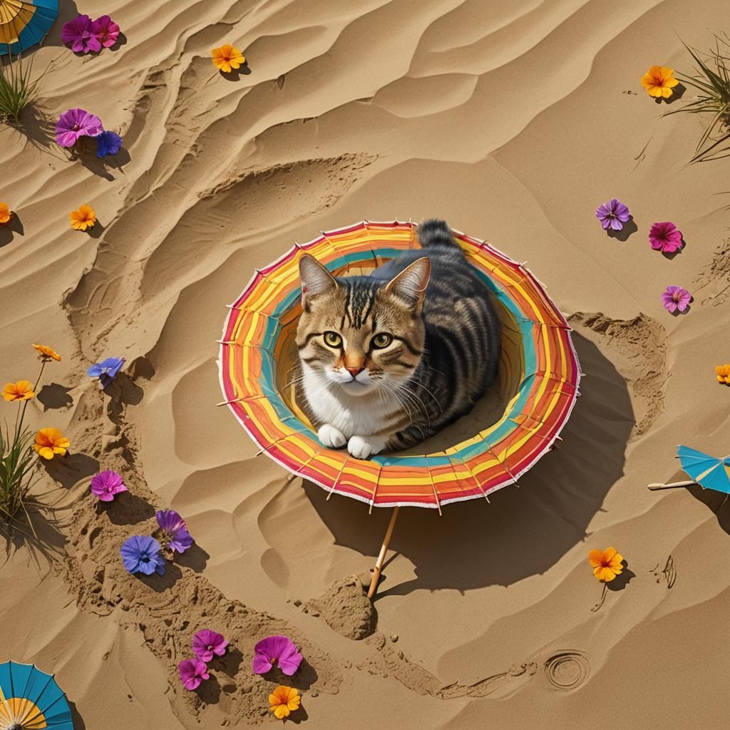 Serene Cat Buried in Sand Under Striped Parasol