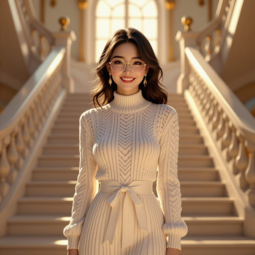 Woman in White Knitted Dress on Palace Stairs in Golden Hour...
