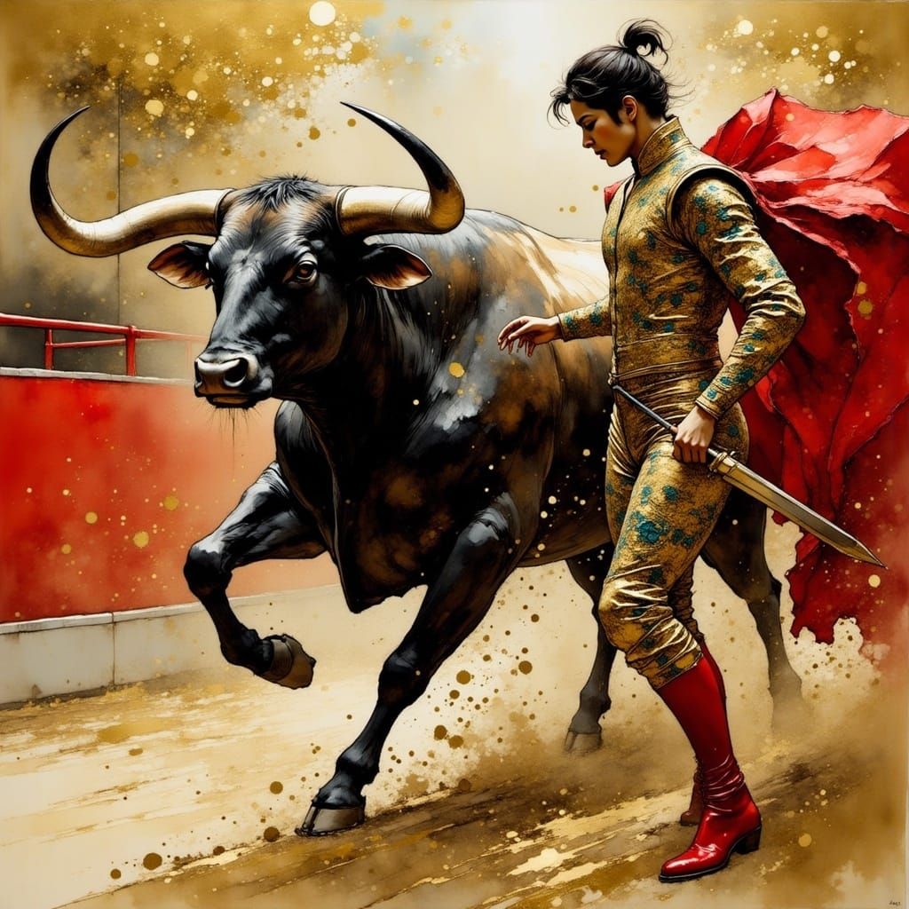 Majestic Spanish Bull Charges in Bullfight Ring with Daring....