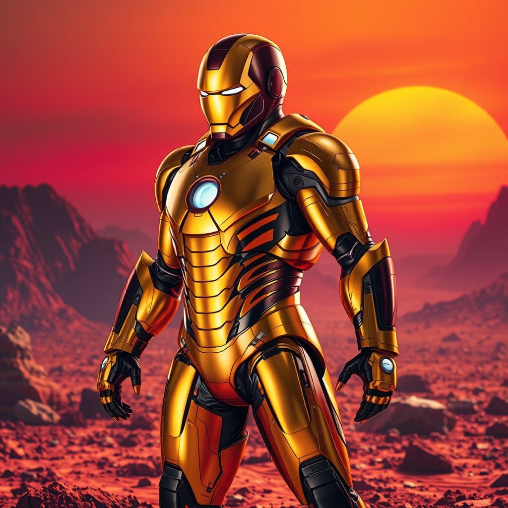 Iron Man in Golden Armor Stands Heroically on Mars