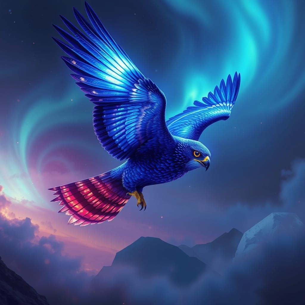 Majestic Sapphire Falcon in Flight Amidst Swirling Mist and....
