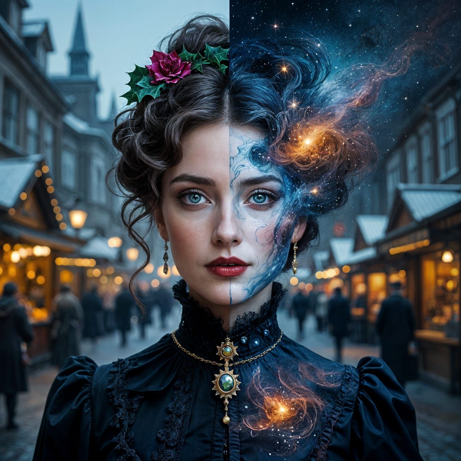 Surreal Victorian Woman Dissolving Into Stardust