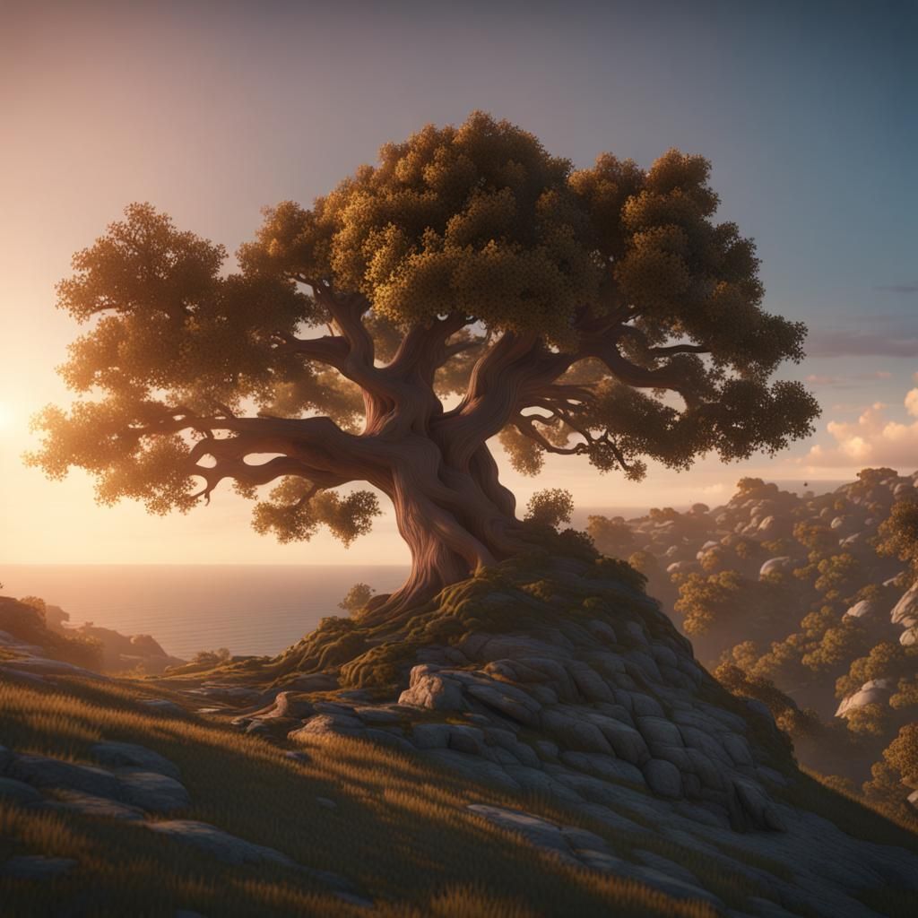 Heavily shaded oak tree on top of a costal hill during sunse...