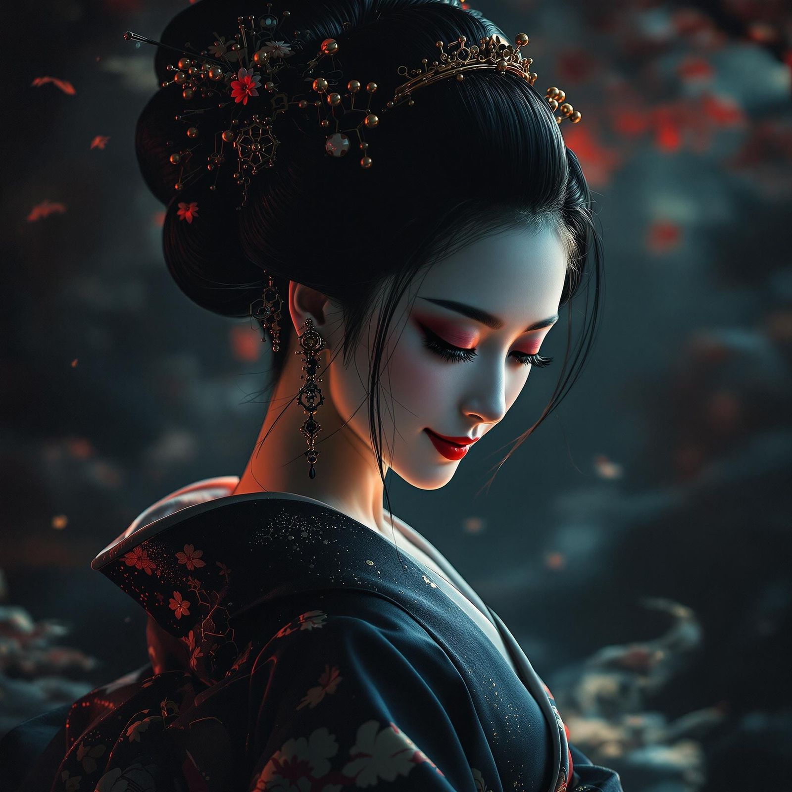 Serene Geisha in Ink-Washed Darkness, Classical Coiffure, an...