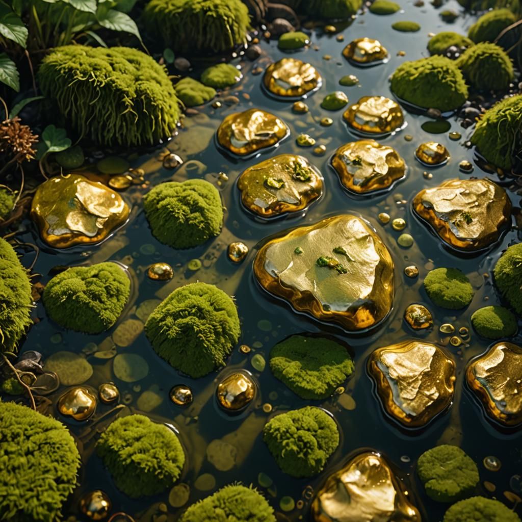 Gold Nuggets Gleaming in Mossy Stream, Digital Photography