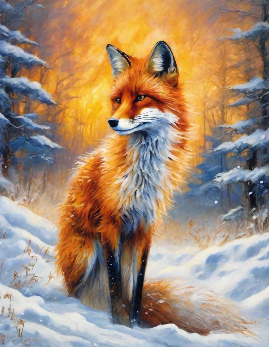 Flame-Haired Fox in Winter: Neo-Impressionist Style