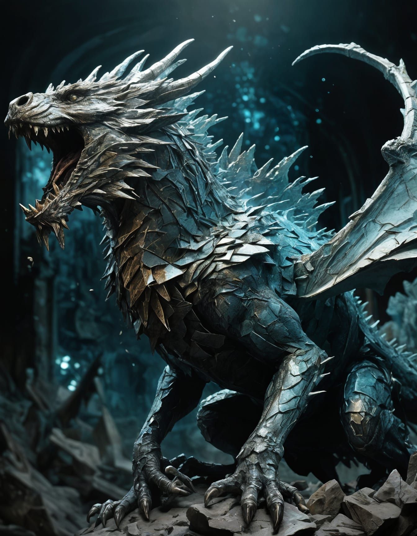 Shattered Metallic Dragon in a Surreal Fantasy Art Style