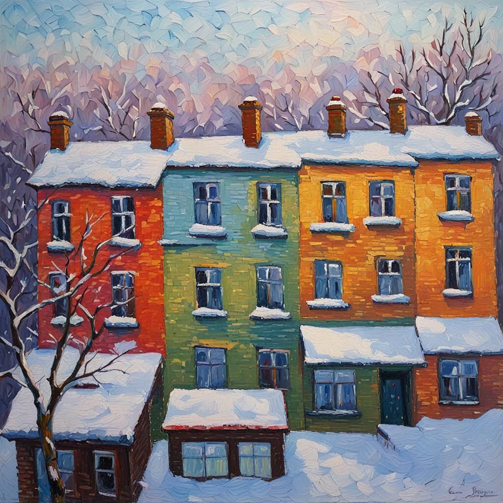 Snowy Morning Window View in Expressionist Style