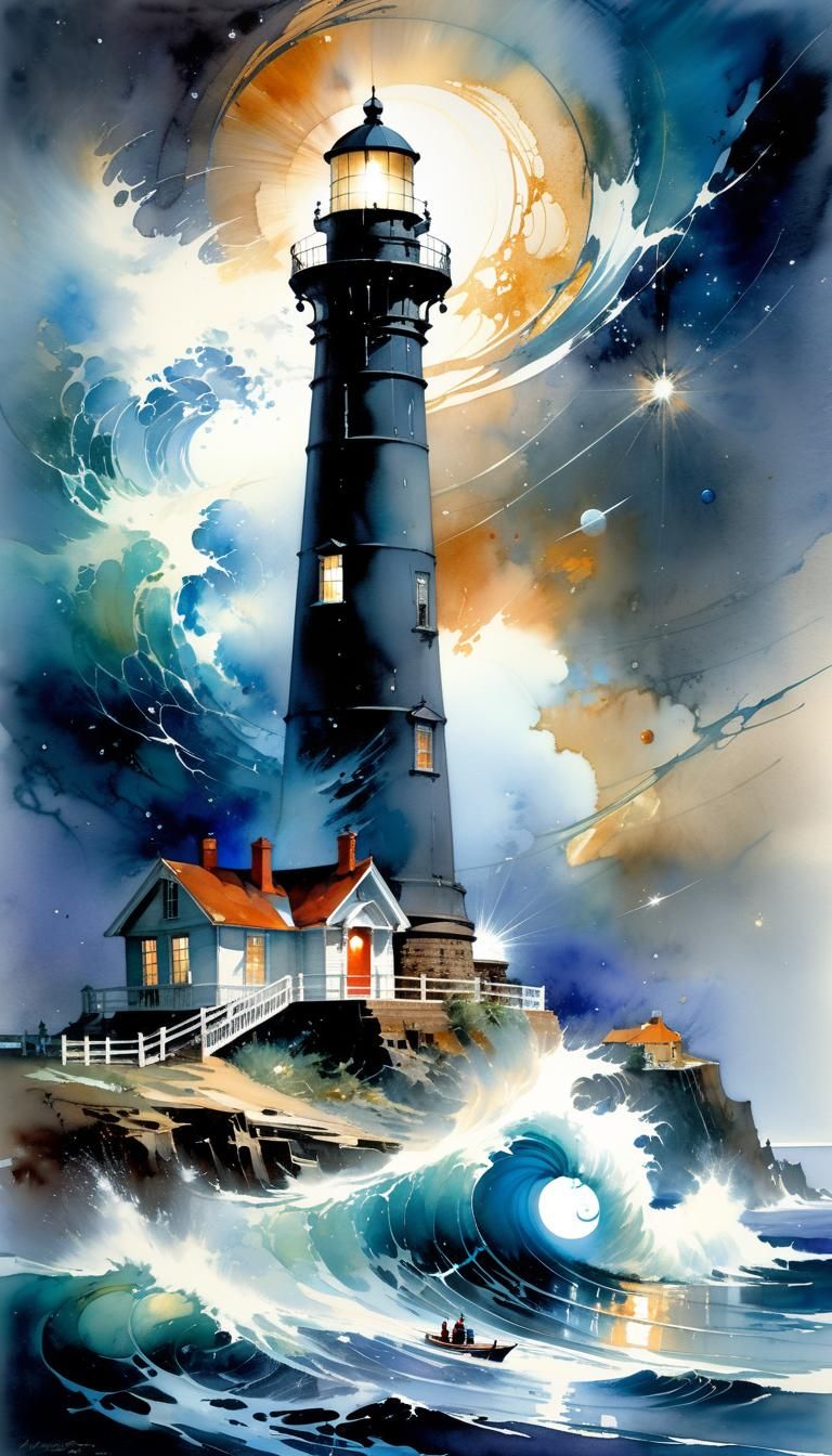 Ocean Storm Through Lighthouse, Watercolor Astral Dream