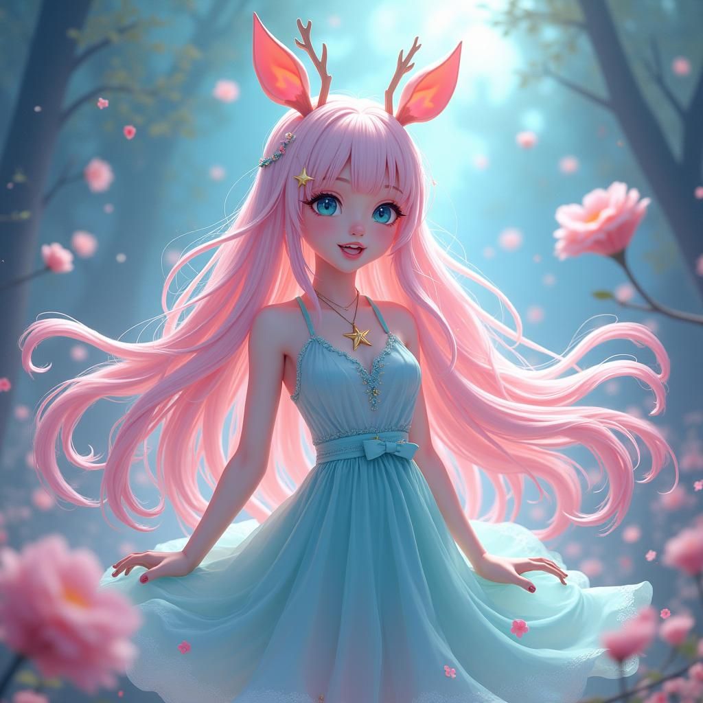 Mystical Anime Girl with Deer Ears and Pastel Hair