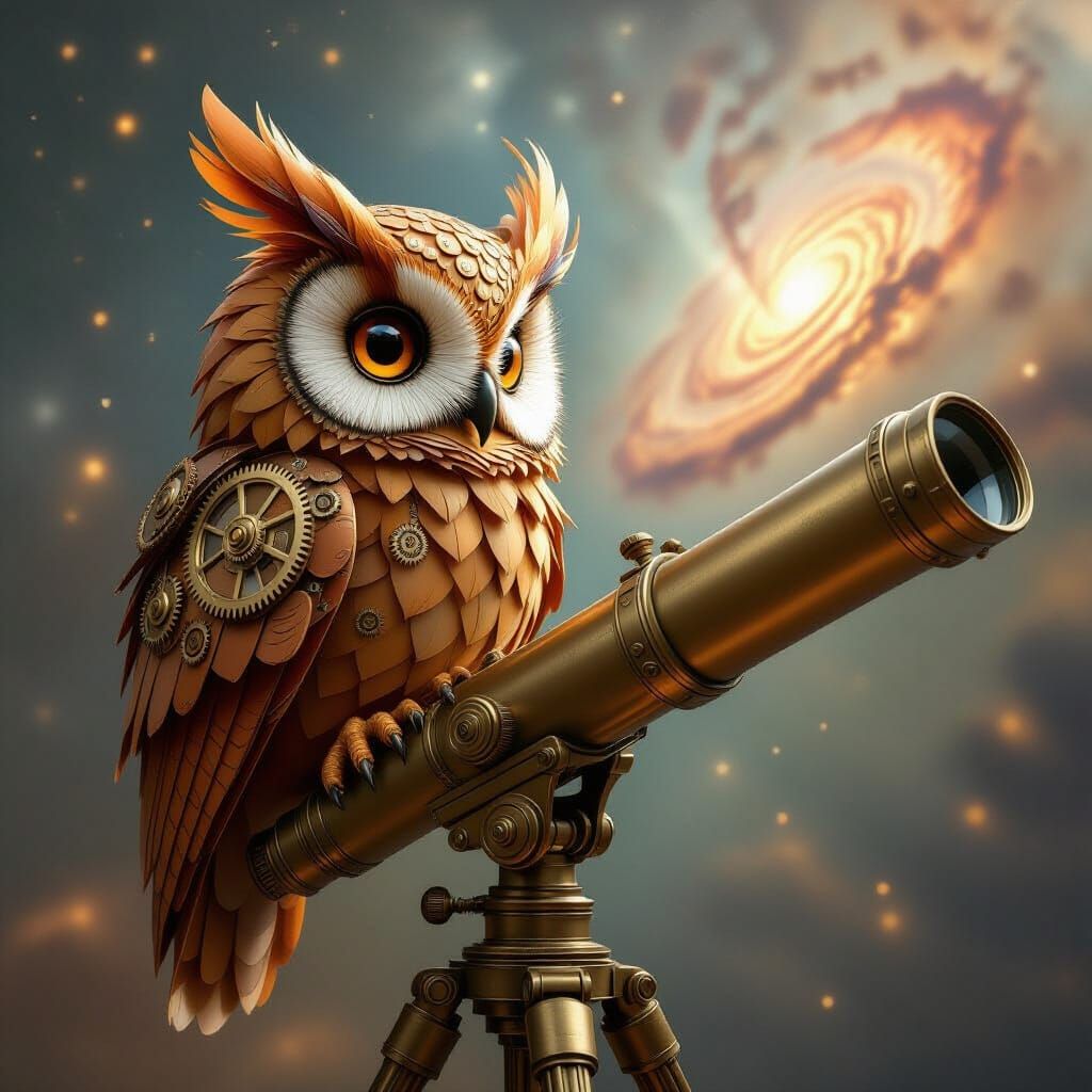 Steampunk Pumpkin Owl on Telescope Viewing Nebula