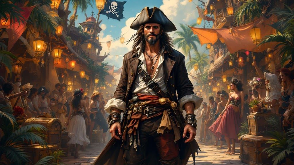Pirate Captain in a Whimsical Caribbean Party Scene