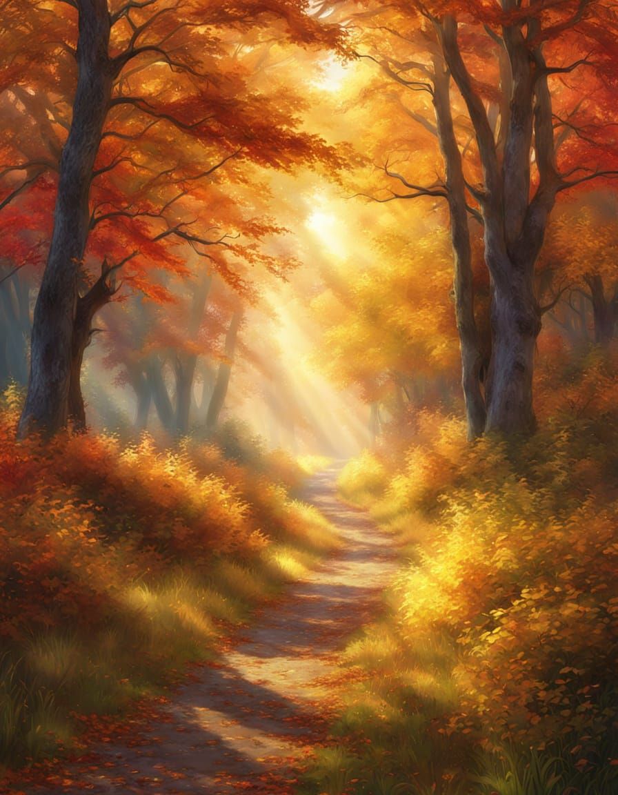 Vibrant Autumn Forest Path in Watercolour Style