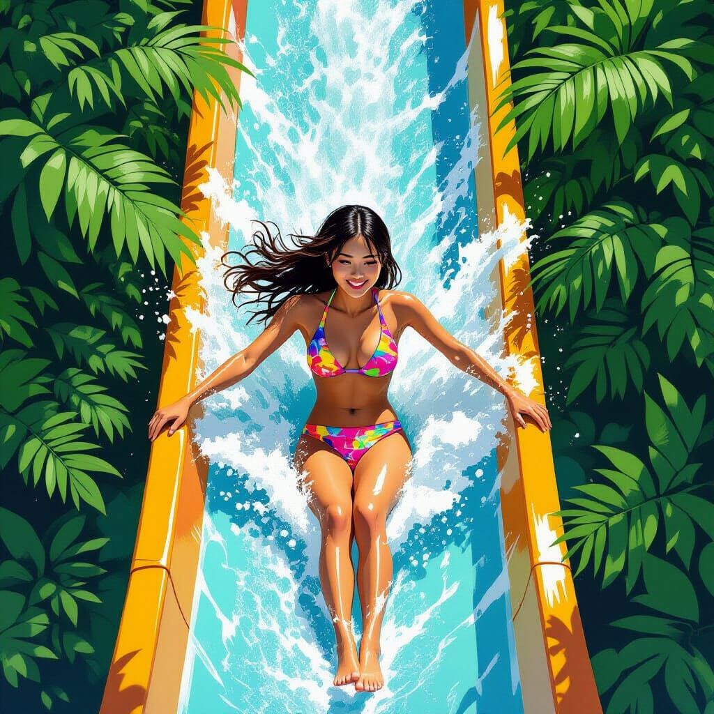 Woman on Waterslide in Photorealistic Style