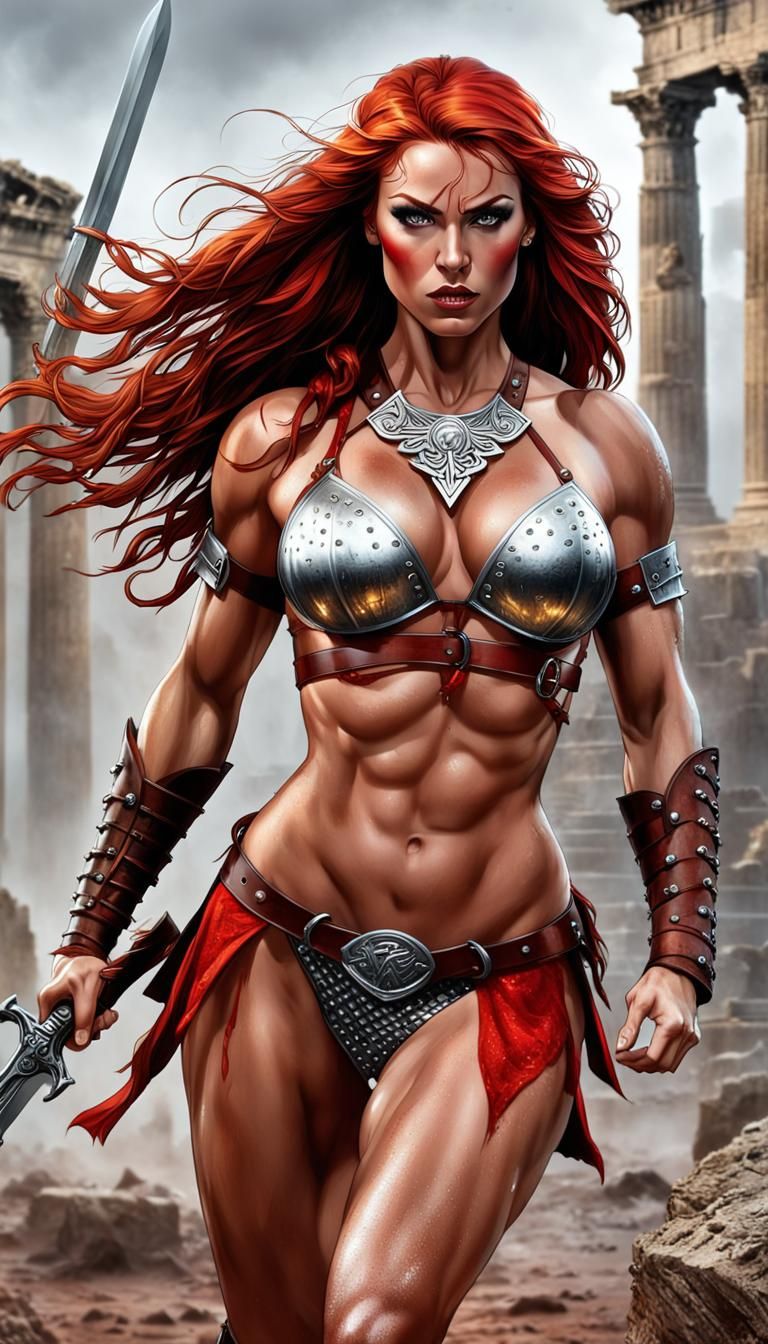 Red Sonja: Hyperrealistic Warrior in Ancient Ruins