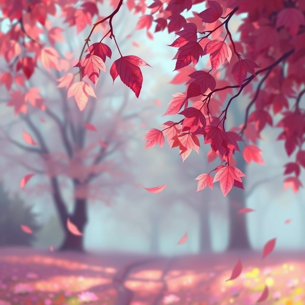Magical Autumn Ambiance with Pink and Purple Falling Leaves
