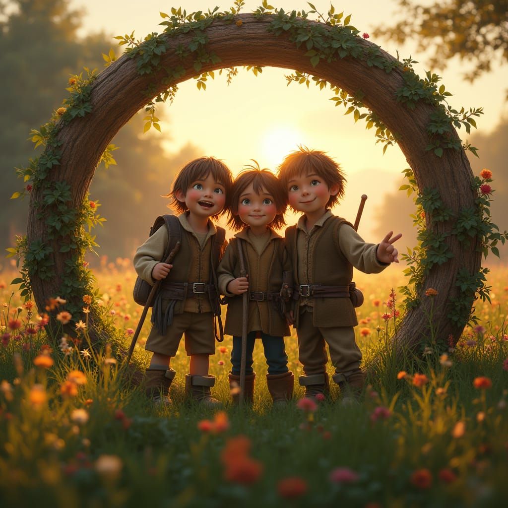 Hobbits Pose in Vibrant Field with Golden Sun