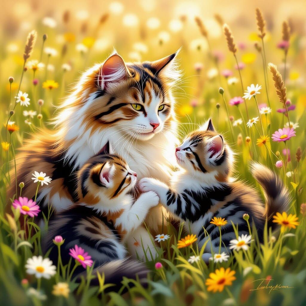 Fluffy Calico Cat Mother with Kittens in Meadow