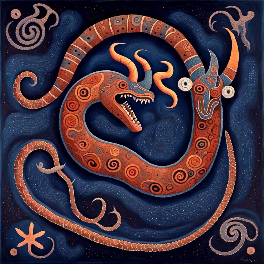 Avanyu Horned Serpent Emerges from Cosmic Ocean